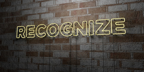 RECOGNIZE - Glowing Neon Sign on stonework wall - 3D rendered royalty free stock illustration.  Can be used for online banner ads and direct mailers..