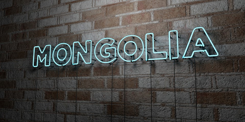 MONGOLIA - Glowing Neon Sign on stonework wall - 3D rendered royalty free stock illustration.  Can be used for online banner ads and direct mailers..