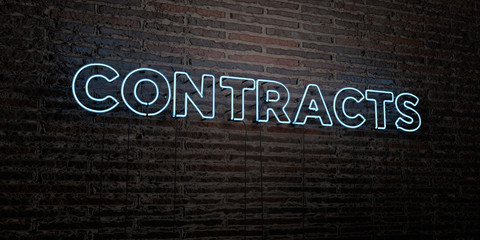 CONTRACTS -Realistic Neon Sign on Brick Wall background - 3D rendered royalty free stock image. Can be used for online banner ads and direct mailers..