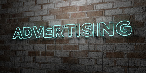 ADVERTISING - Glowing Neon Sign on stonework wall - 3D rendered royalty free stock illustration.  Can be used for online banner ads and direct mailers..