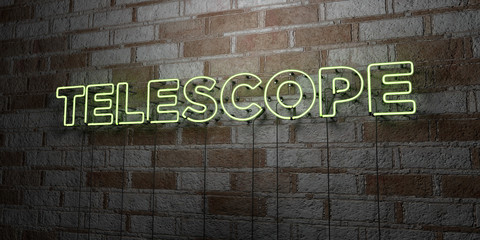 TELESCOPE - Glowing Neon Sign on stonework wall - 3D rendered royalty free stock illustration.  Can be used for online banner ads and direct mailers..