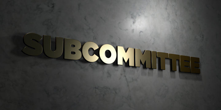 Subcommittee - Gold text on black background - 3D rendered royalty free stock picture. This image can be used for an online website banner ad or a print postcard.