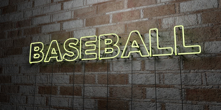 BASEBALL - Glowing Neon Sign on stonework wall - 3D rendered royalty free stock illustration.  Can be used for online banner ads and direct mailers..
