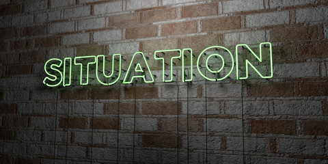 SITUATION - Glowing Neon Sign on stonework wall - 3D rendered royalty free stock illustration.  Can be used for online banner ads and direct mailers..