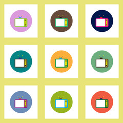 Collection of stylish vector icons in colorful circles retro tv