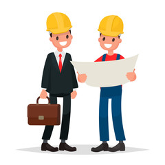 Engineer and foreman discuss draft  building. Vector illustratio