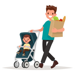 Father with a package of products and a toddler in the pram. Vec
