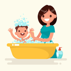 Happy mother washes her baby. Vector illustration in a flat styl