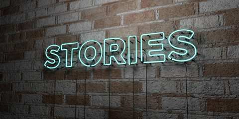 STORIES - Glowing Neon Sign on stonework wall - 3D rendered royalty free stock illustration.  Can be used for online banner ads and direct mailers..