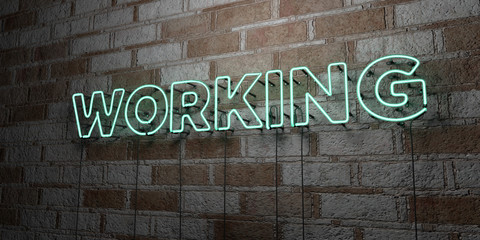 WORKING - Glowing Neon Sign on stonework wall - 3D rendered royalty free stock illustration.  Can be used for online banner ads and direct mailers..