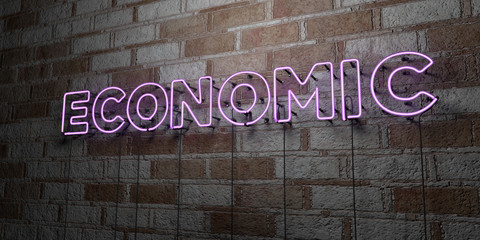 ECONOMIC - Glowing Neon Sign on stonework wall - 3D rendered royalty free stock illustration.  Can be used for online banner ads and direct mailers..