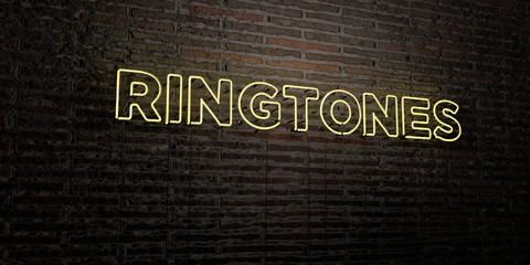 RINGTONES -Realistic Neon Sign on Brick Wall background - 3D rendered royalty free stock image. Can be used for online banner ads and direct mailers..