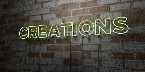 CREATIONS - Glowing Neon Sign on stonework wall - 3D rendered royalty free stock illustration.  Can be used for online banner ads and direct mailers..