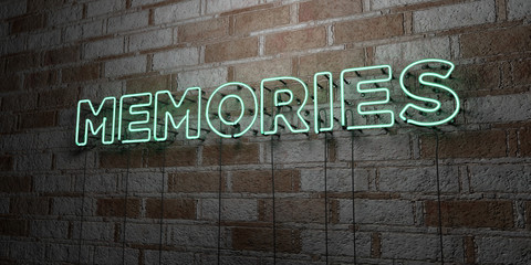 MEMORIES - Glowing Neon Sign on stonework wall - 3D rendered royalty free stock illustration.  Can be used for online banner ads and direct mailers..