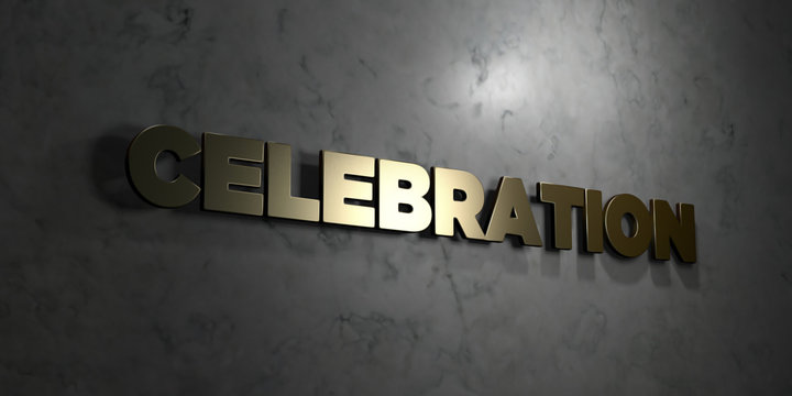 Celebration - Gold text on black background - 3D rendered royalty free stock picture. This image can be used for an online website banner ad or a print postcard.