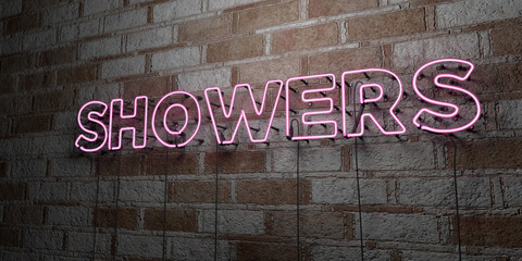 SHOWERS - Glowing Neon Sign on stonework wall - 3D rendered royalty free stock illustration.  Can be used for online banner ads and direct mailers..