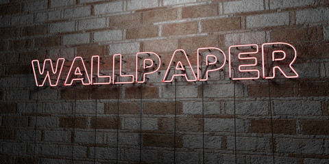 WALLPAPER - Glowing Neon Sign on stonework wall - 3D rendered royalty free stock illustration.  Can be used for online banner ads and direct mailers..