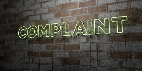 COMPLAINT - Glowing Neon Sign on stonework wall - 3D rendered royalty free stock illustration.  Can be used for online banner ads and direct mailers..