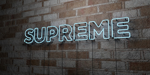 SUPREME - Glowing Neon Sign on stonework wall - 3D rendered royalty free stock illustration.  Can be used for online banner ads and direct mailers..