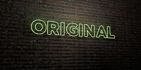 ORIGINAL -Realistic Neon Sign on Brick Wall background - 3D rendered royalty free stock image. Can be used for online banner ads and direct mailers..