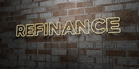 REFINANCE - Glowing Neon Sign on stonework wall - 3D rendered royalty free stock illustration.  Can be used for online banner ads and direct mailers..