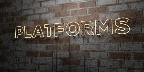 PLATFORMS - Glowing Neon Sign on stonework wall - 3D rendered royalty free stock illustration.  Can be used for online banner ads and direct mailers..