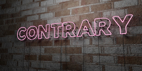 CONTRARY - Glowing Neon Sign on stonework wall - 3D rendered royalty free stock illustration.  Can be used for online banner ads and direct mailers..