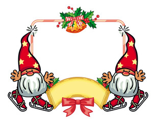 Holiday frame with decorations and funny gnome. 