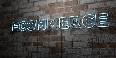 ECOMMERCE - Glowing Neon Sign on stonework wall - 3D rendered royalty free stock illustration.  Can be used for online banner ads and direct mailers..