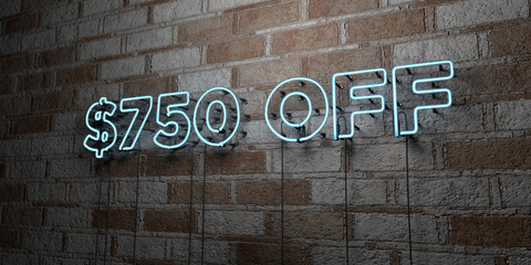 $750 OFF - Glowing Neon Sign on stonework wall - 3D rendered royalty free stock illustration.  Can be used for online banner ads and direct mailers..