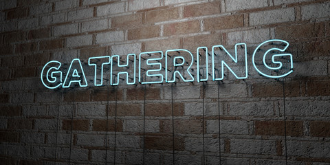 GATHERING - Glowing Neon Sign on stonework wall - 3D rendered royalty free stock illustration.  Can be used for online banner ads and direct mailers..