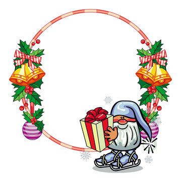Holiday round frame with decorations and funny gnome. 