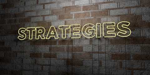 STRATEGIES - Glowing Neon Sign on stonework wall - 3D rendered royalty free stock illustration.  Can be used for online banner ads and direct mailers..