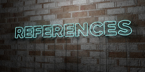 REFERENCES - Glowing Neon Sign on stonework wall - 3D rendered royalty free stock illustration.  Can be used for online banner ads and direct mailers..