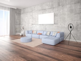 Mock up poster living room with a corner sofa on hipster background.