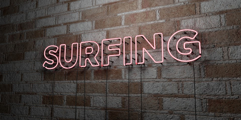 SURFING - Glowing Neon Sign on stonework wall - 3D rendered royalty free stock illustration.  Can be used for online banner ads and direct mailers..