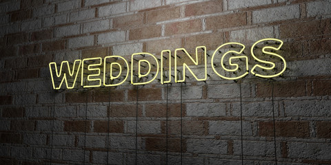 WEDDINGS - Glowing Neon Sign on stonework wall - 3D rendered royalty free stock illustration.  Can be used for online banner ads and direct mailers..