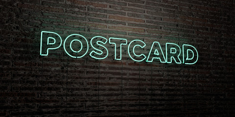 POSTCARD -Realistic Neon Sign on Brick Wall background - 3D rendered royalty free stock image. Can be used for online banner ads and direct mailers..