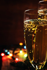 Champagne in glasses, Christmas or New Year's composition with f
