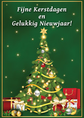 Naklejka na ściany i meble Fijne Kerstdagen en Gelukkig Nieuwjaar! - dutch language: Merry Christmas and Happy New Year! printable greeting card with Christmas tree, decoration and presents. Size of a custom postcard.