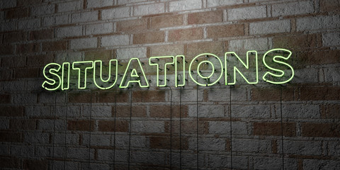 SITUATIONS - Glowing Neon Sign on stonework wall - 3D rendered royalty free stock illustration.  Can be used for online banner ads and direct mailers..