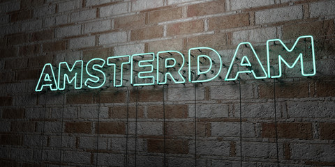 AMSTERDAM - Glowing Neon Sign on stonework wall - 3D rendered royalty free stock illustration.  Can be used for online banner ads and direct mailers..