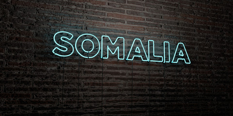 SOMALIA -Realistic Neon Sign on Brick Wall background - 3D rendered royalty free stock image. Can be used for online banner ads and direct mailers..