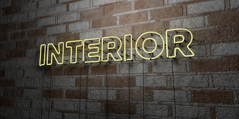 INTERIOR - Glowing Neon Sign on stonework wall - 3D rendered royalty free stock illustration.  Can be used for online banner ads and direct mailers..