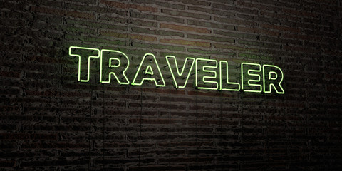 TRAVELER -Realistic Neon Sign on Brick Wall background - 3D rendered royalty free stock image. Can be used for online banner ads and direct mailers..