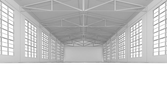 Clean white empty warehouse with windows