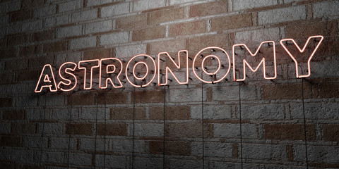 ASTRONOMY - Glowing Neon Sign on stonework wall - 3D rendered royalty free stock illustration.  Can be used for online banner ads and direct mailers..