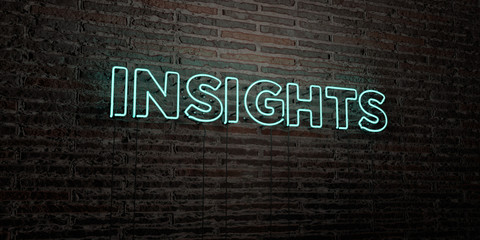 INSIGHTS -Realistic Neon Sign on Brick Wall background - 3D rendered royalty free stock image. Can be used for online banner ads and direct mailers..