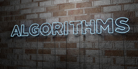 ALGORITHMS - Glowing Neon Sign on stonework wall - 3D rendered royalty free stock illustration.  Can be used for online banner ads and direct mailers..