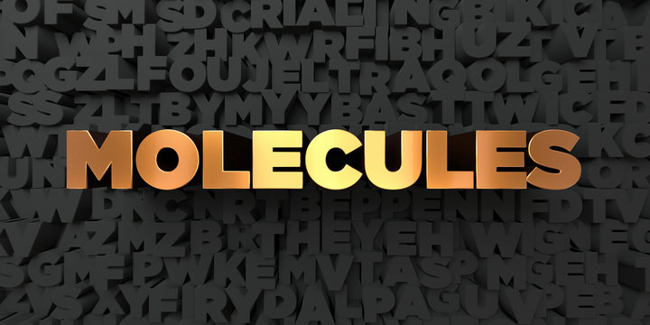 Molecules - Gold text on black background - 3D rendered royalty free stock picture. This image can be used for an online website banner ad or a print postcard.